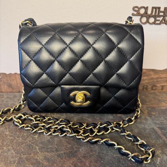 Chanel Black Lambskin Square Mini Flap GHW Authentic CoA - Picture 1 of 11